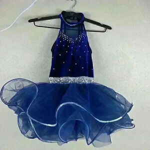 Weissman Dance Costume Sz MC Sequin Velvet Blue Silver Dress KC1